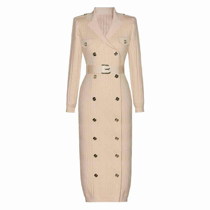 Long Sleeve Knitted V-Neck Midi Dresses With Belt