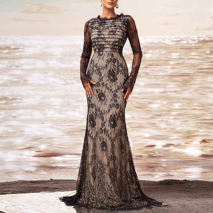 Long Sleeve Round-Neck Mermaid Black Sheer Mesh Prom Dress