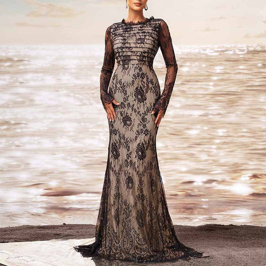 Long Sleeve Round-Neck Mermaid Black Sheer Mesh Prom Dress