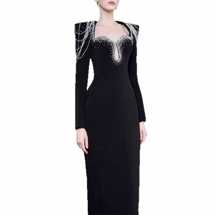 Long Sleeve Square Neck A-Line Prom Dress With Crystal