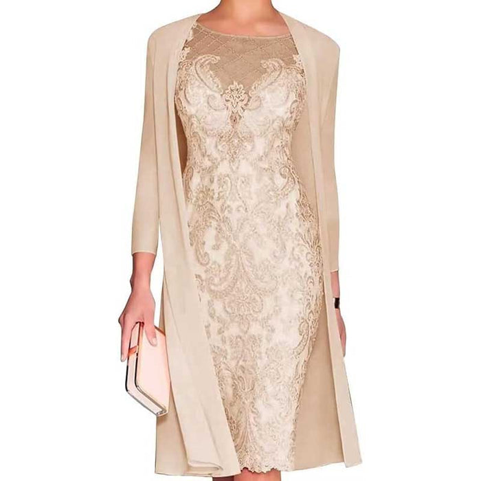 Long Sleeve Tea Length Lace Applique 2 Pieces Mother of The Bride Dresses with Jacket