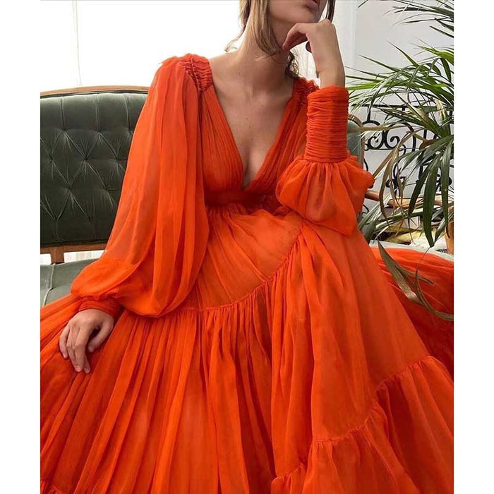 Long Sleeve Tulle Prom Dresses V Neck Formal Long Princess Dress Wedding Gown