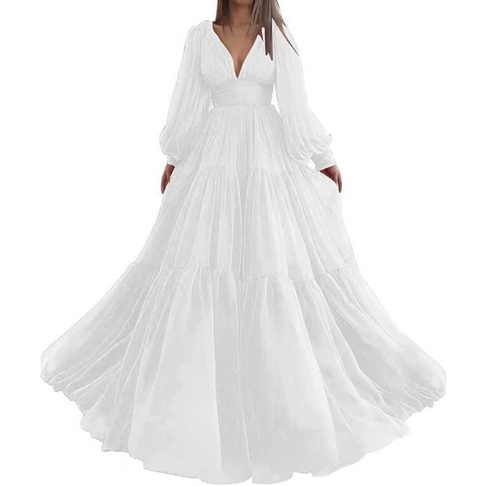 Long Sleeve Tulle Prom Dresses V Neck Formal Long Princess Dress Wedding Gown