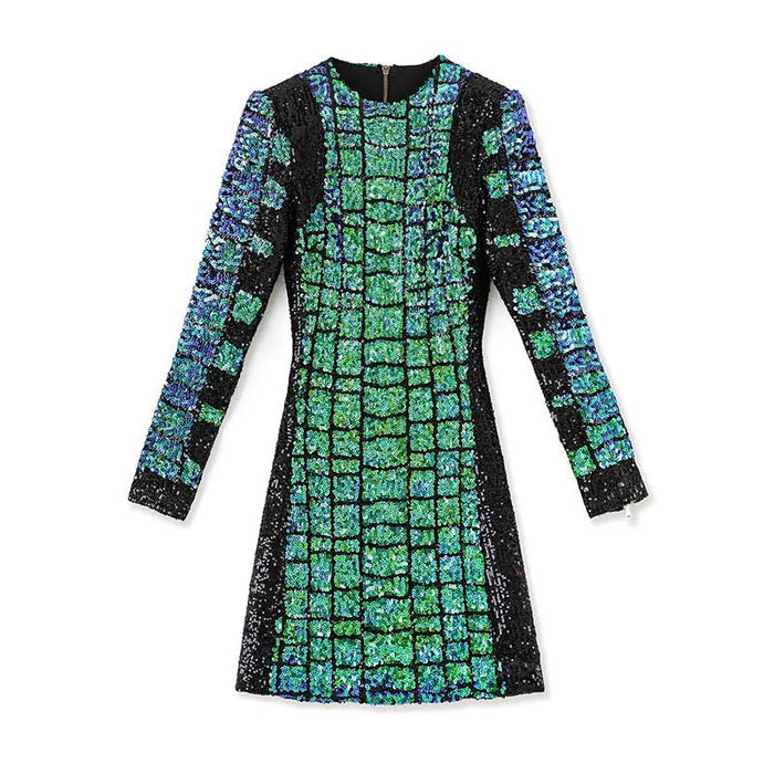 Stylish green sequin mini dress featuring a grid design and long sleeves, perfect for evening events