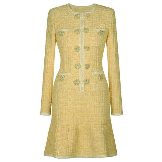 Long Sleeves Mid-Length Knitted Dresses Buttons Body-Con A-Line Dress