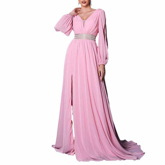 Long Sleeves Pink Prom Dress V Neck Evening Gown