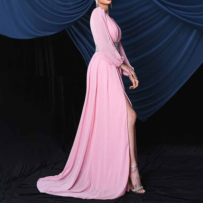 Long Sleeves Pink Prom Dress V Neck Evening Gown