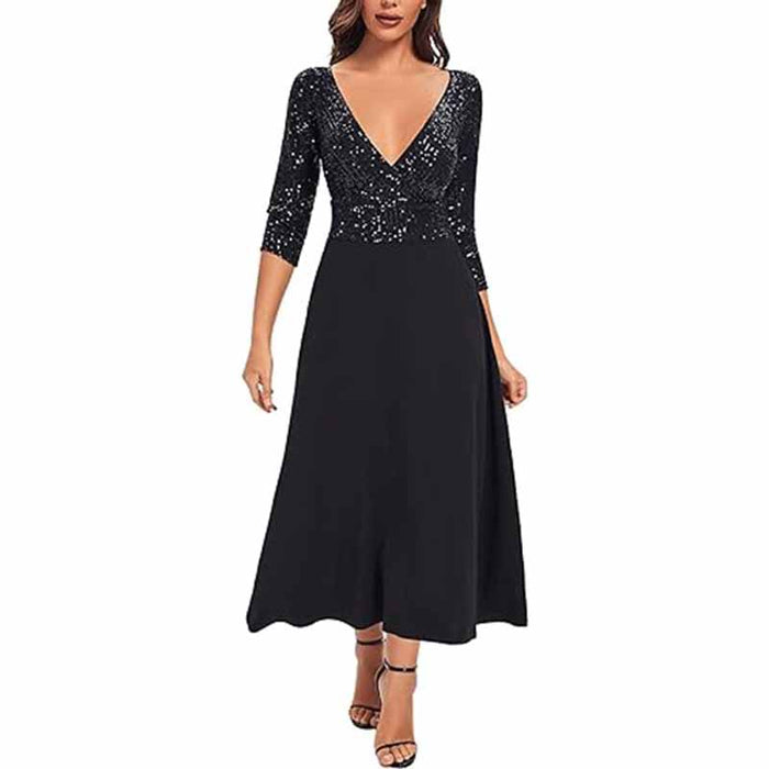 Long Sleeves Sequin Prom Dress V Neck Maxi Cocktail Dress