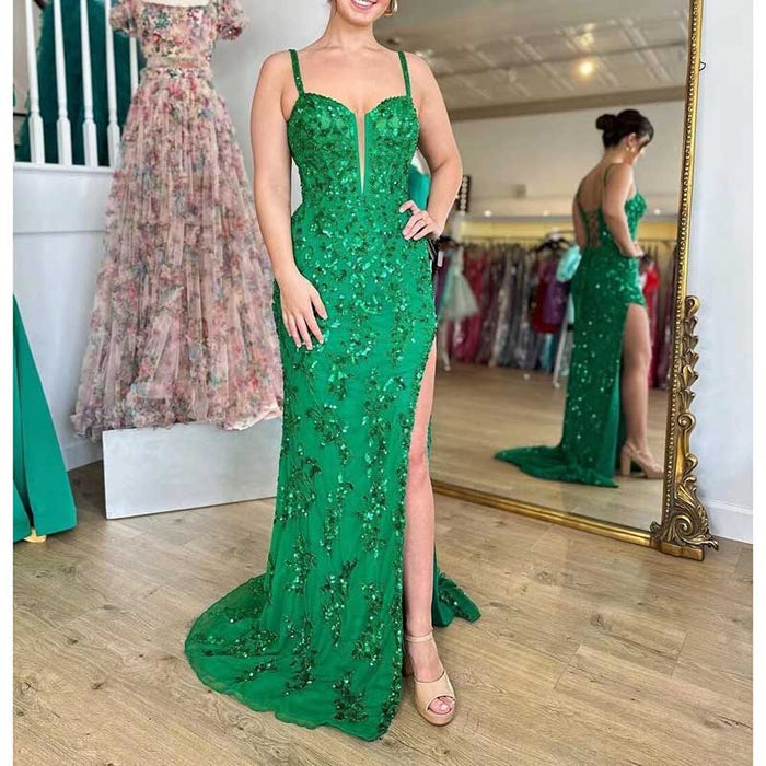 Long Sparkly Spaghetti Strap Prom Dress – Sequins & Beaded Embellishments