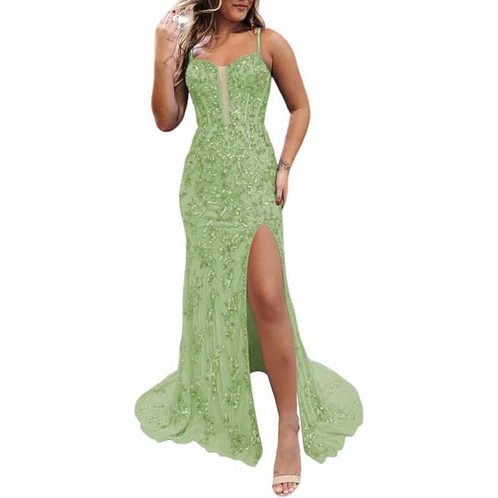 Long Sparkly Spaghetti Strap Prom Dress – Sequins & Beaded Embellishments