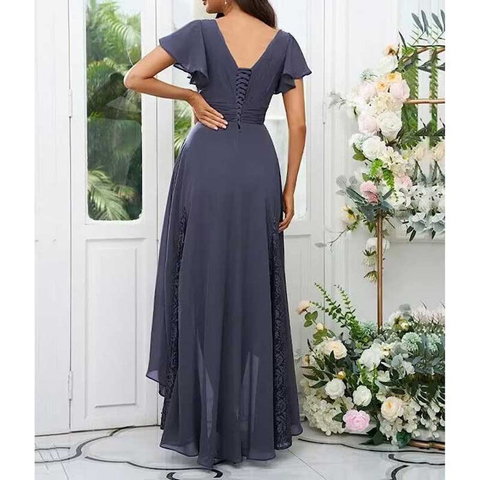 Long V-Neck Bridesmaid Dress – Chiffon, Lace & Customizable Colors