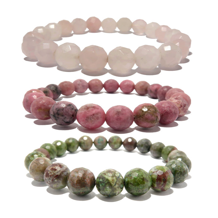 genuine faceted pink rose quartz, rhodonite and green chrysocolla beaded bracelet set of 3, handmade in satin crystals jewlery studio