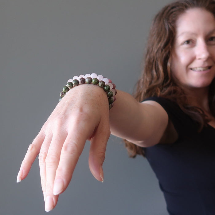 jamie of satin crystals modeling chrysocolla cuprite, rose quartz, rhodonite bracelet set