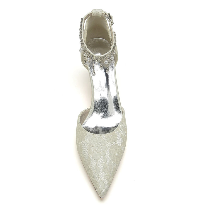 Elegant low heel bridal shoes with ankle strap featuring lace design and beaded accents