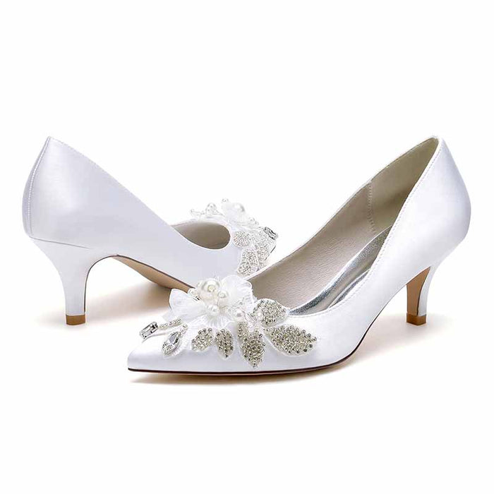 pearl embellished wedding shoes with floral design and low heels for elegant brides