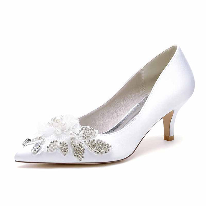 pearl embellished wedding shoes with elegant design and satin finish for brides