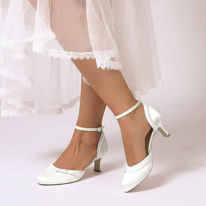Low Heel Satin Ankle Strap Wedding Shoes | Bridal Dress Shoes for Formal Events & Evening Parties