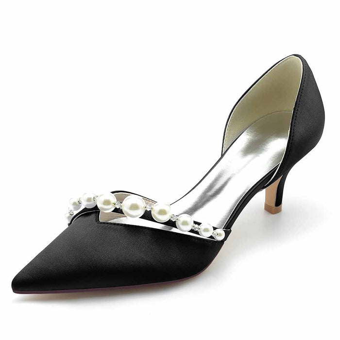 Elegant black TC wedding shoes with pearl embellishment and pointed toe design