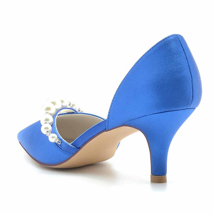 Stylish TC blue wedding shoes with pearl embellishments and a modest heel for elegance