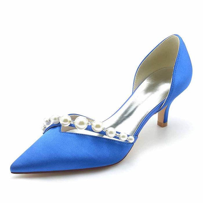 Elegant TC blue wedding shoes with pearl detailing and a pointed toe design