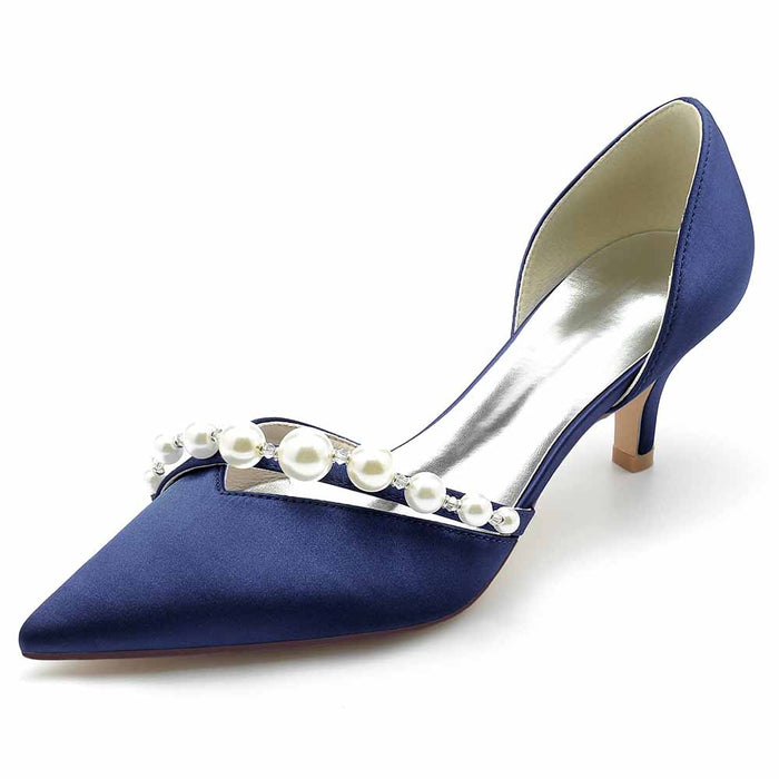 Elegant blue wedding shoes with pearl embellishments and a pointed toe design