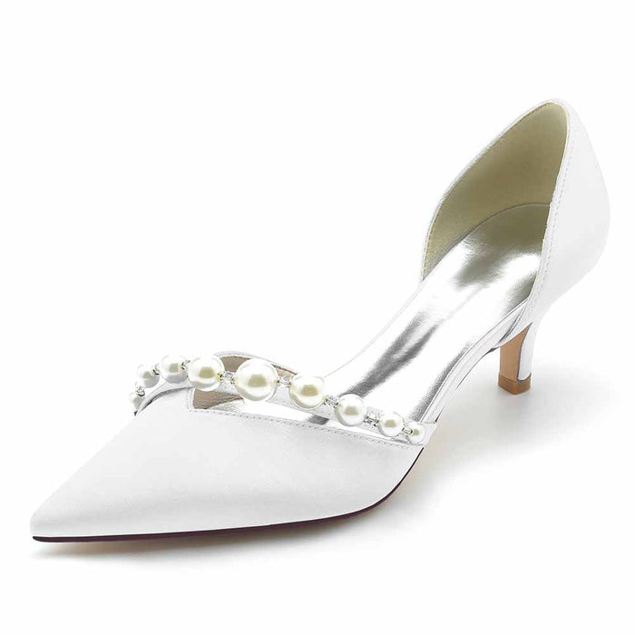 TC Elegant White Wedding Shoes with Pearl Accents and Chic Pointed Toe Design