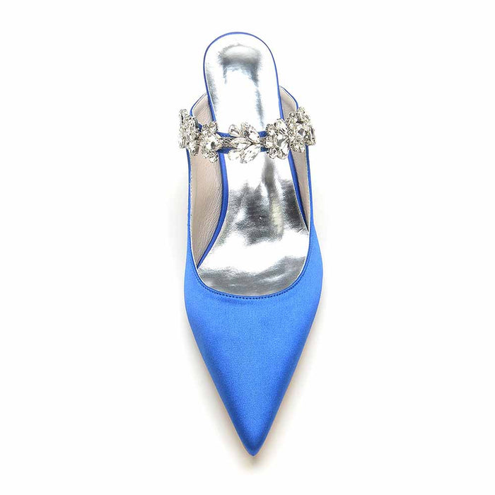 Low Heels Satin Pointed Toe Bridal Mules with Crystal Strap