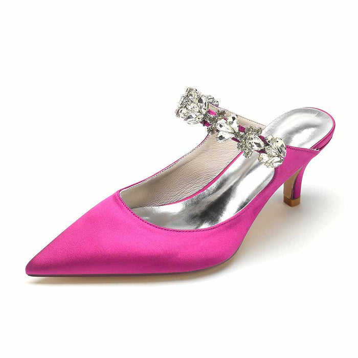 Low Heels Satin Pointed Toe Bridal Mules with Crystal Strap