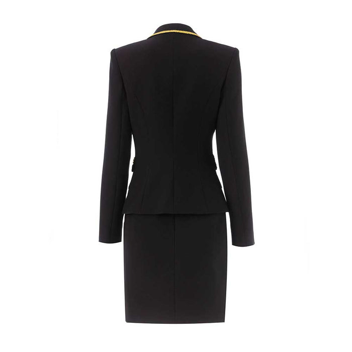 Luxury black skirt suit for weddings featuring a tailored jacket and sleek pencil skirt