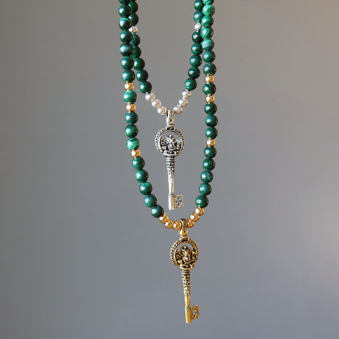 silver and gold ganesh skeleton key malachite necklaces