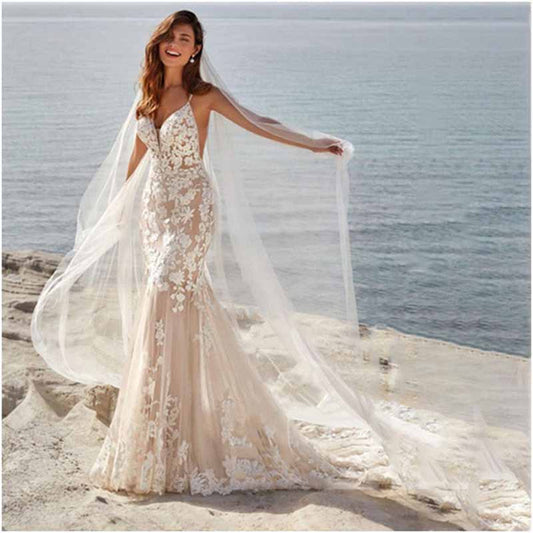 Mermaid V-neck Chapel Train Boho Wedding Dresses With Appliques Lace