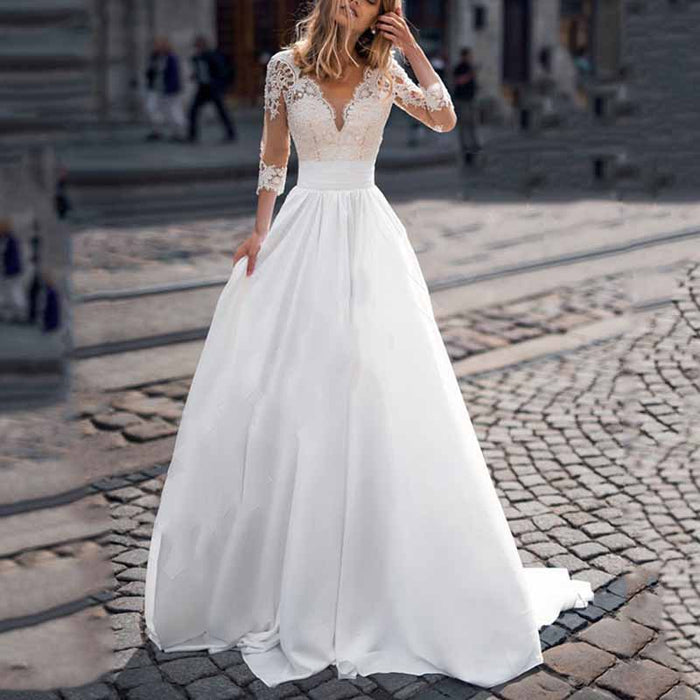 Mermaid V-Neck Sleeveless Sweep Train Lace Satin Wedding Dress