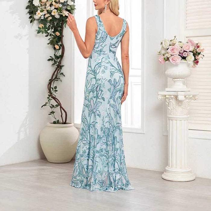 Mermaid Wedding Guest Dress Blue Long Evening Dress Floral Sequin Bridesmaid Dress