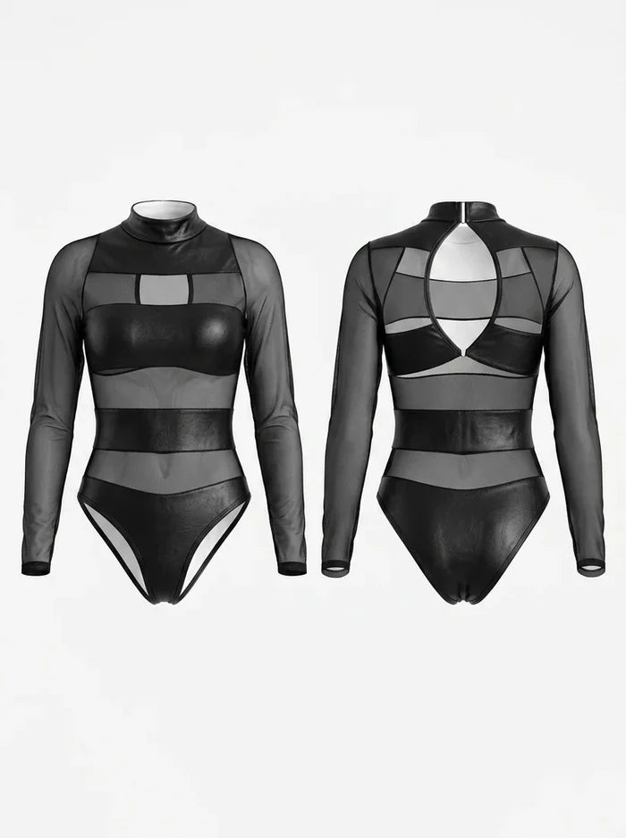 Mesh PU Faux Leather Bodysuits