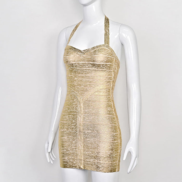 Metallic Gold Halter Dress | Bandage Bodycon for Nightclub