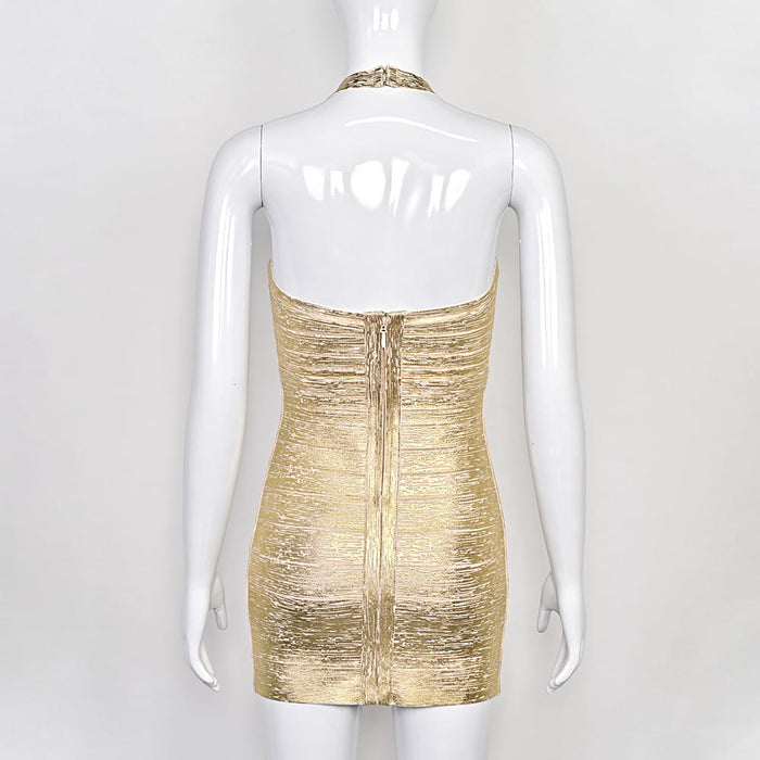 Metallic Gold Halter Dress | Bandage Bodycon for Nightclub