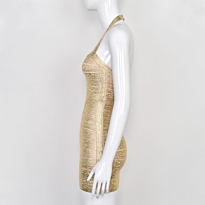 Metallic Gold Halter Dress | Bandage Bodycon for Nightclub