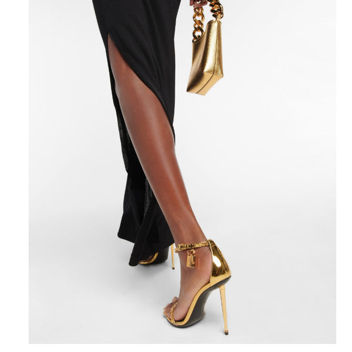 Metallic Gold High Heel Sandals with Chain Detail - Formal Gold Strappy Heels