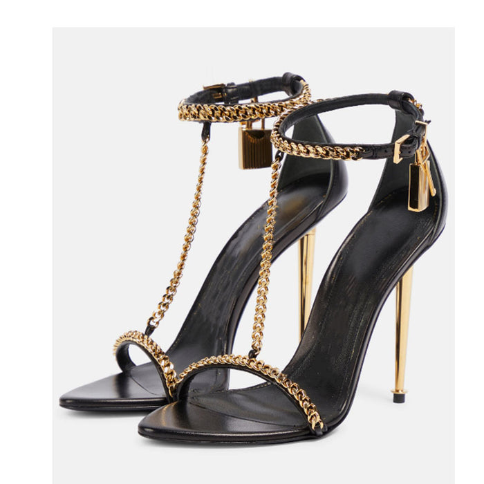 Metallic Gold High Heel Sandals with Chain Detail - Formal Gold Strappy Heels