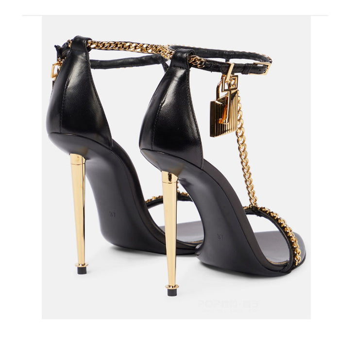 Metallic Gold High Heel Sandals with Chain Detail - Formal Gold Strappy Heels