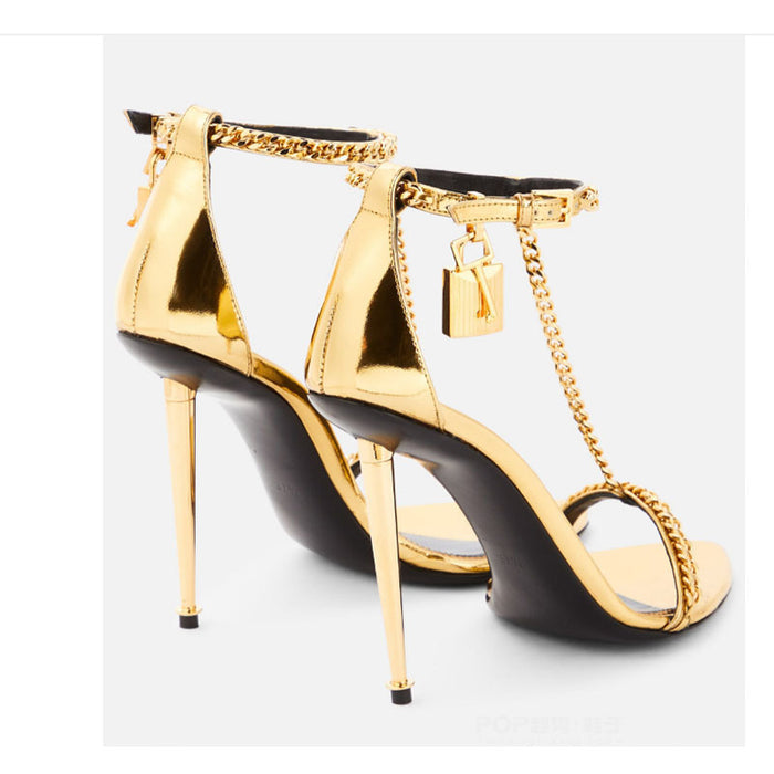 Metallic Gold High Heel Sandals with Chain Detail - Formal Gold Strappy Heels