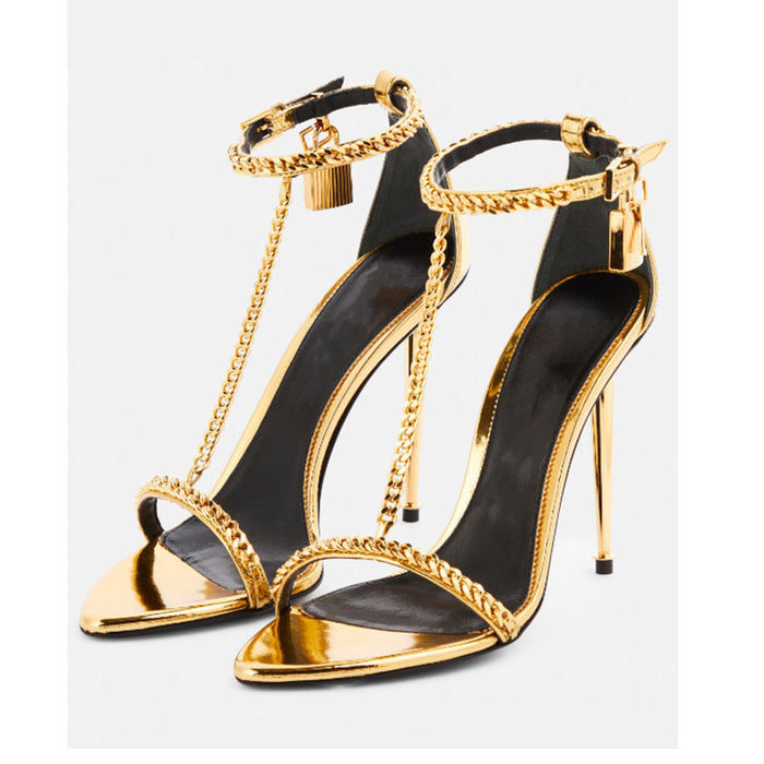 Metallic Gold High Heel Sandals with Chain Detail - Formal Gold Strappy Heels