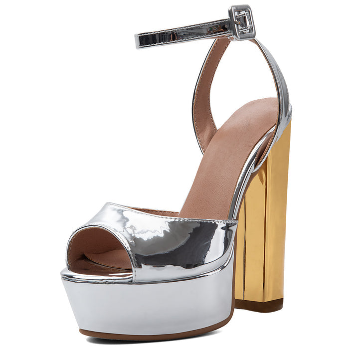 Metallic Silver Platform Sandals with Gold Chunky Heel