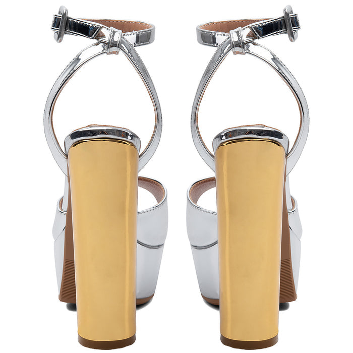 Metallic Silver Platform Sandals with Gold Chunky Heel