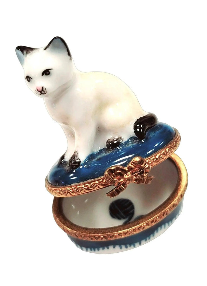 Miniature White Siamese Cat Box Porcelain Limoges Cat French Trinket Box