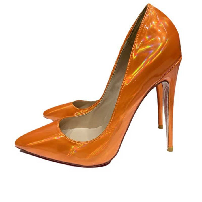 SD Dresscode & Fashiontrends orange mirror finish stiletto pumps with a sleek pointed toe design