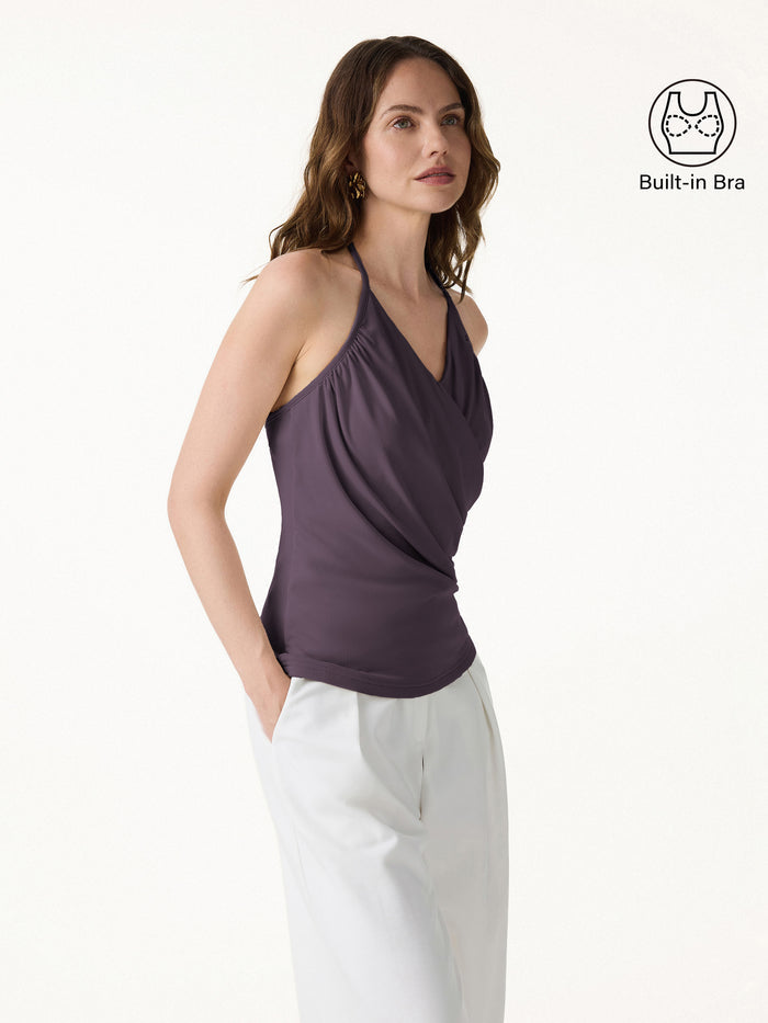 OGLmove Modal Halter Neck Surplice Ruched Bandless Bra Top Purple Gloam XS
