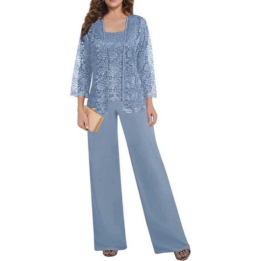 Mother of The Bride Pant Suits Square Neck lace Chiffon 3-Piece Wedding Guest Outfit