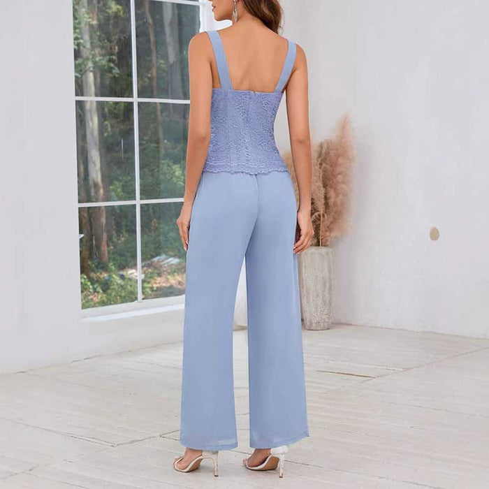 Mother of The Bride Pant Suits Square Neck lace Chiffon 3-Piece Wedding Guest Outfit