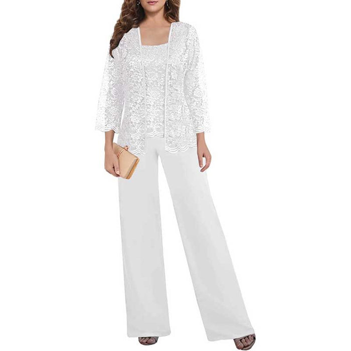 Mother of The Bride Pant Suits Square Neck lace Chiffon 3-Piece Wedding Guest Outfit